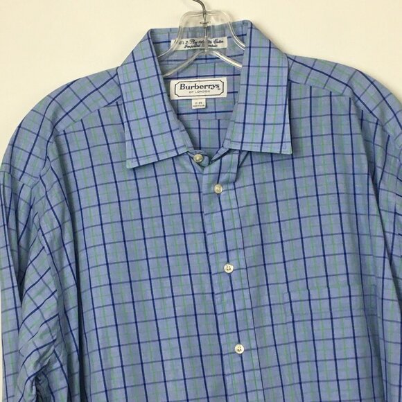 Burberrys of London Mens Blue Plaid 100's 2 Ply Cotton Button Up - Size 17 - 34 - Picture 2 of 5